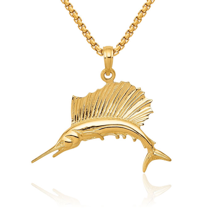 10K Solid Yellow Gold Sailfish Necklace Chain Pendant Charm