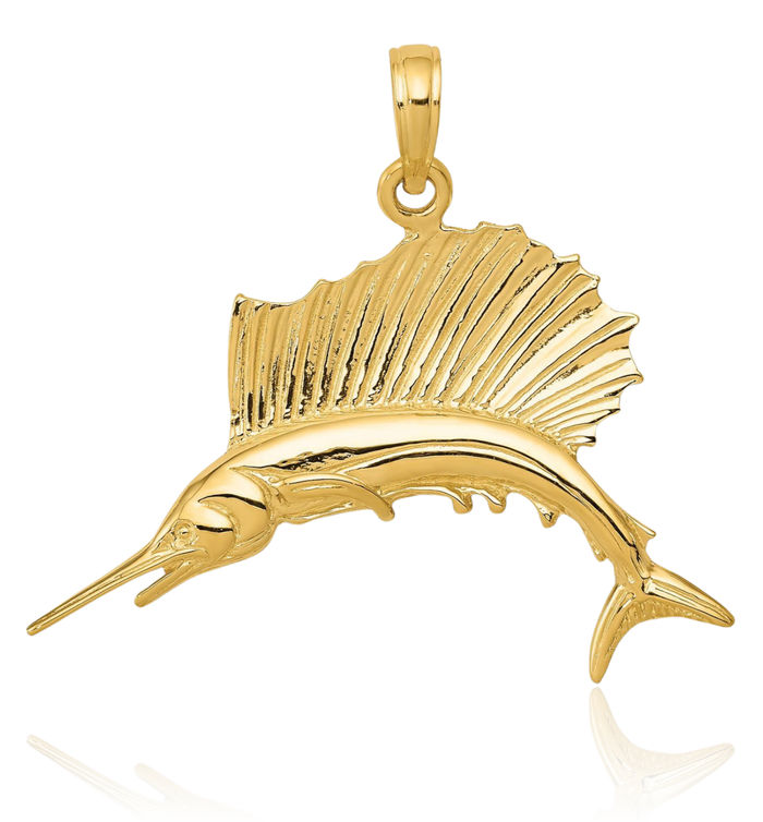 10K Solid Yellow Gold Sailfish Necklace Chain Pendant Charm