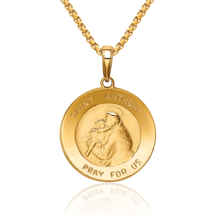 10K Solid Yellow Gold Saint Anthony Round Medal Necklace Chain Pendant Charm