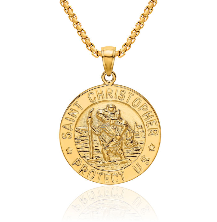 10K Solid Yellow Gold Saint Christopher Medal Coin Necklace Christian Religious Chain Pendant Faith Charm