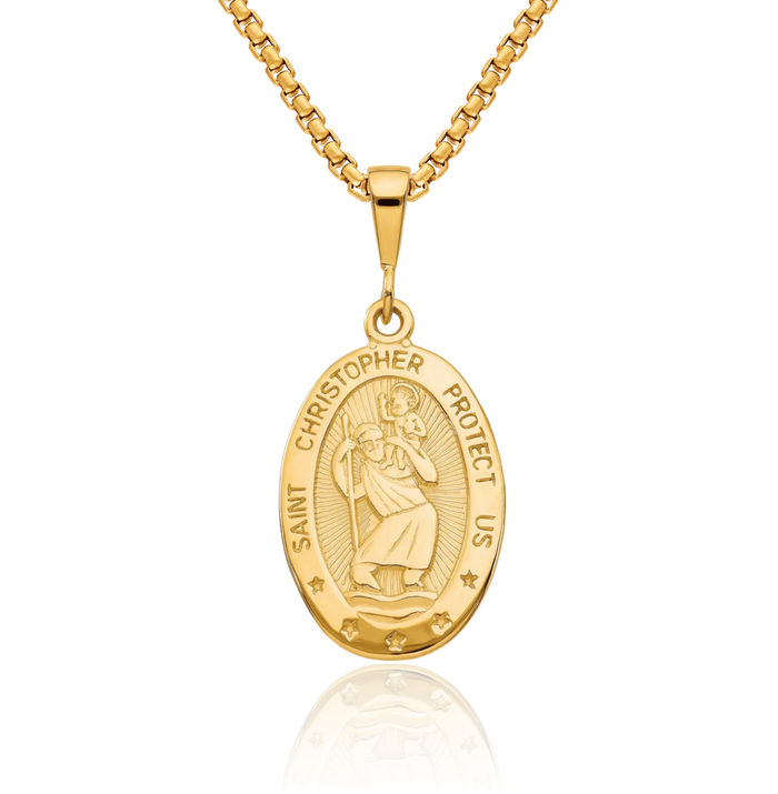 10K Solid Yellow Gold Saint Christopher Medal Patron of Travelers Athletes Protection Necklace Christian Religious Chain Pendant Faith Charm