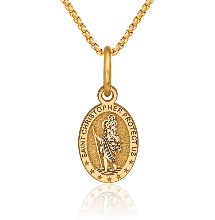 10K Solid Yellow Gold Saint Christopher Medal Patron of Travelers Athletes Protection Necklace Christian Religious Chain Pendant Faith Charm