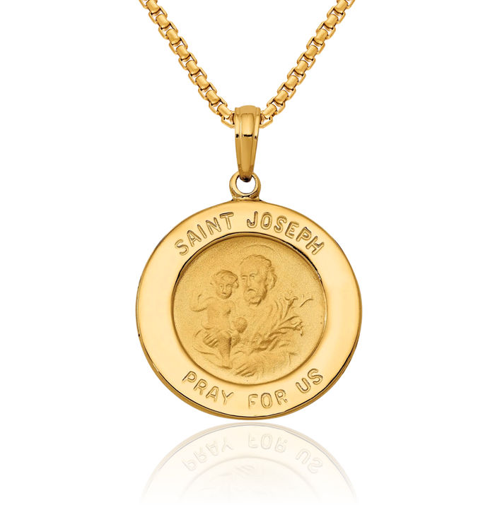 10K Solid Yellow Gold Saint Joseph Medal Necklace Chain Pendant Charm
