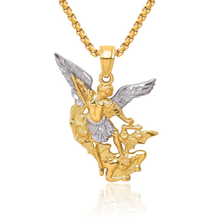 10K Solid Yellow Gold Saint Michael Medal Protects Us Patron Archangel Guardian Angel Wings Necklace Christian Religious Chain Pendant Faith Charm