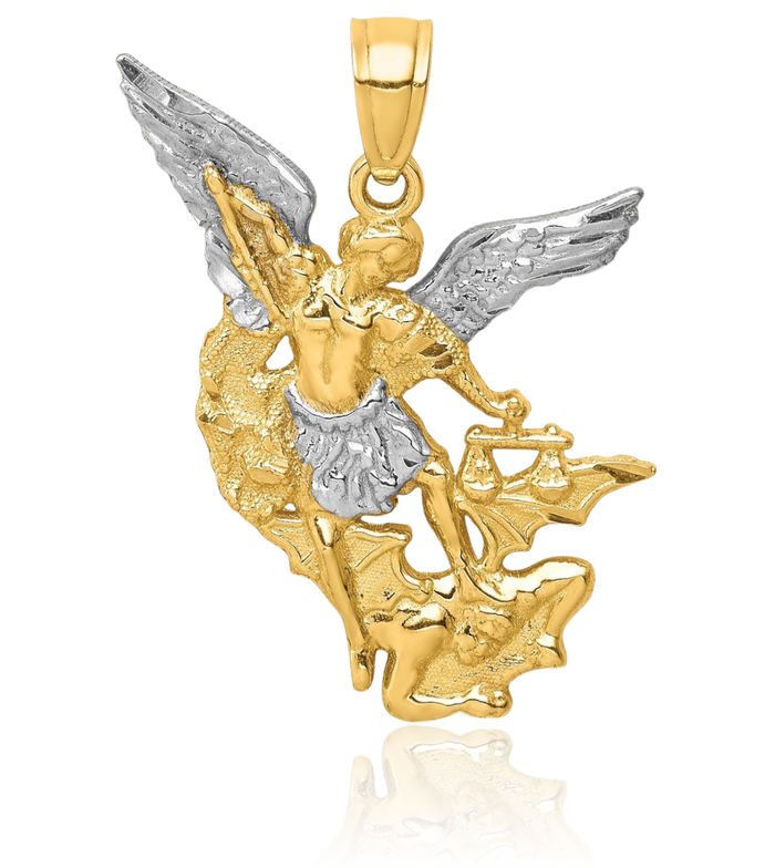 10K Solid Yellow Gold Saint Michael Medal Protects Us Patron Archangel Guardian Angel Wings Necklace Christian Religious Chain Pendant Faith Charm