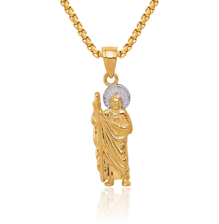 10K Solid Yellow Gold San Judas Tadeo St Jude Patron Saint Thaddeus Medal Necklace Chain Pendant Charm