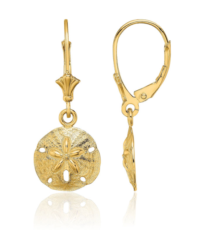 10K Solid Yellow Gold Sand Dollar Sea Star Starfish Drop Dangle Earrings