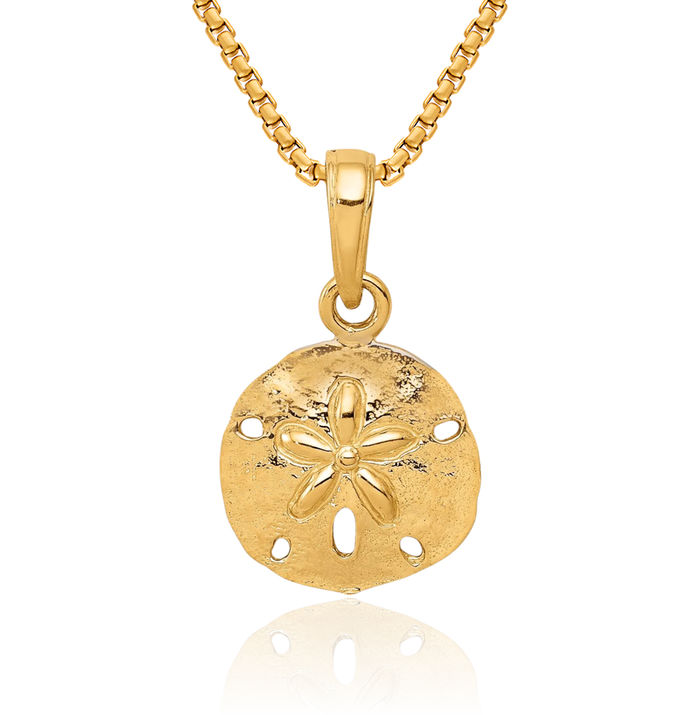 10K Solid Yellow Gold Sand Dollar Sea Star Starfish Necklace Chain Pendant Charm