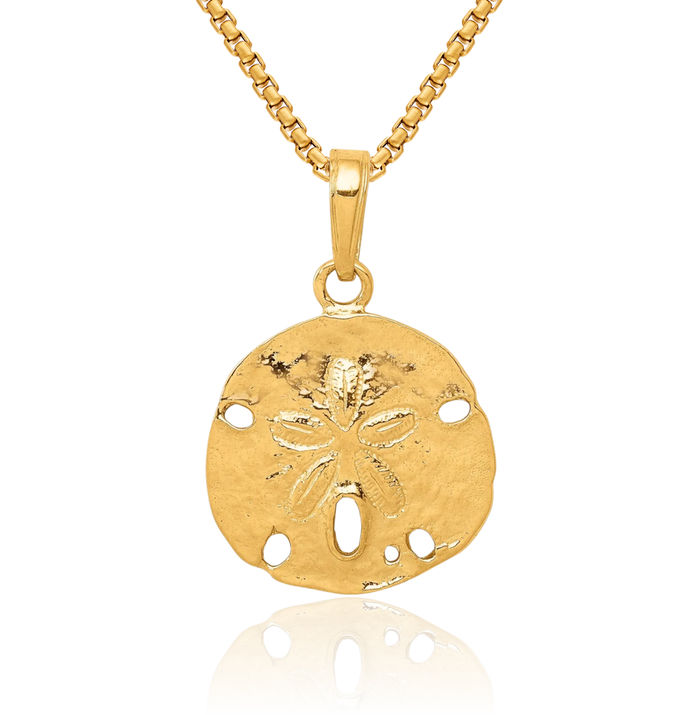 10K Solid Yellow Gold Sand Dollar Sea Star Starfish Necklace Chain Pendant Charm