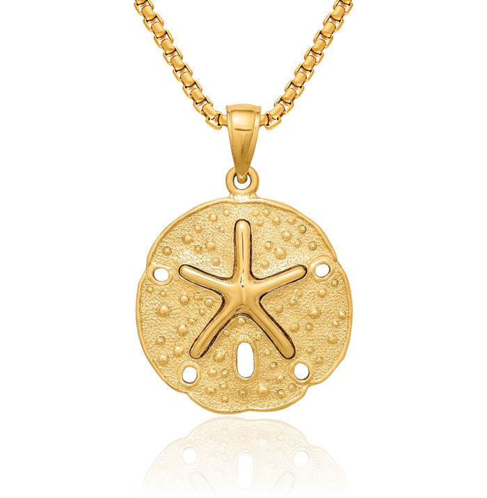 10K Solid Yellow Gold Sand Dollar Sea Star Starfish Necklace Chain Pendant Charm