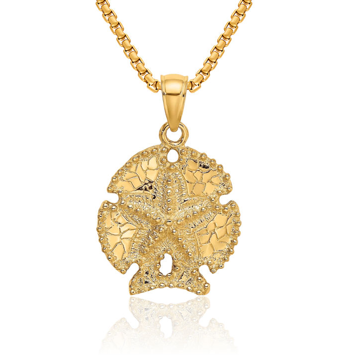 10K Solid Yellow Gold Sand Dollar Sea Star Starfish Necklace Chain Pendant Charm