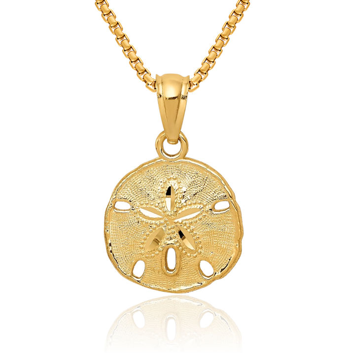 10K Solid Yellow Gold Sand Dollar Sea Star Starfish Necklace Chain Pendant Charm