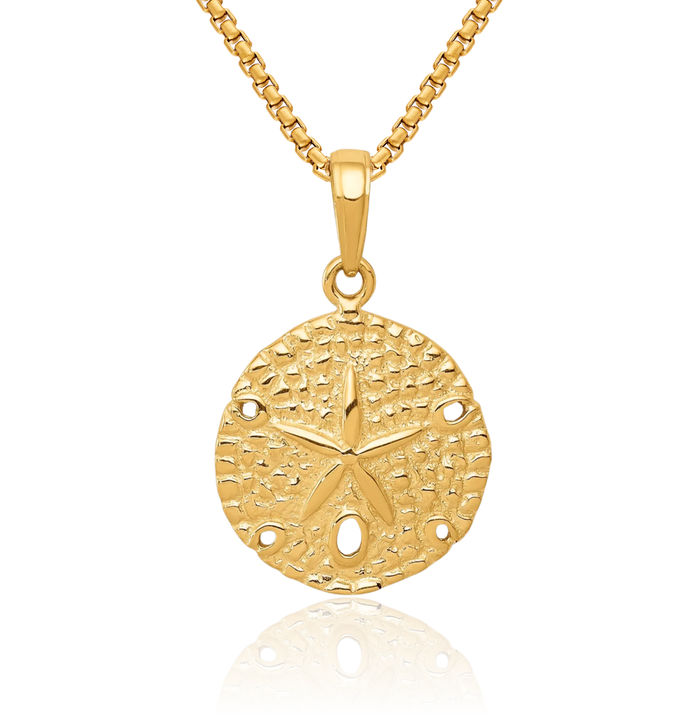 10K Solid Yellow Gold Sand Dollar Sea Star Starfish Necklace Chain Pendant Charm