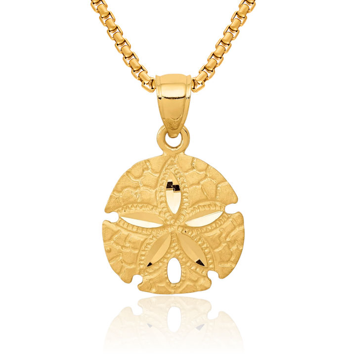 10K Solid Yellow Gold Sand Dollar Sea Star Starfish Necklace Chain Pendant Charm