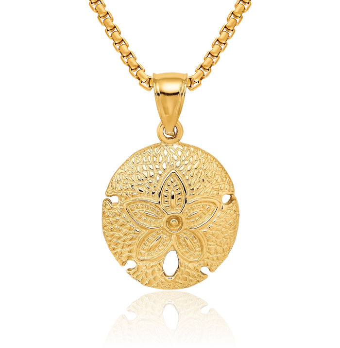 10K Solid Yellow Gold Sand Dollar Sea Star Starfish Necklace Chain Pendant Charm