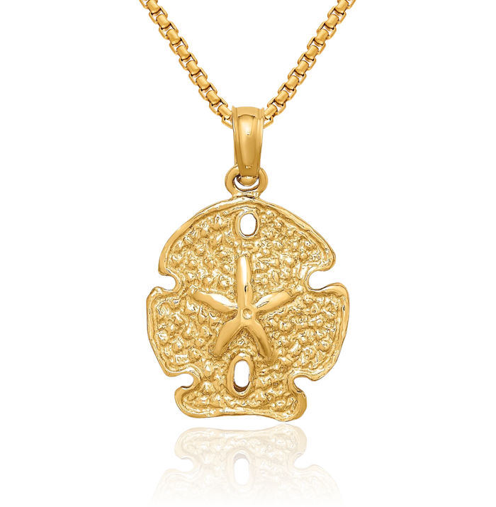 10K Solid Yellow Gold Sand Dollar Sea Star Starfish Necklace Chain Pendant Charm