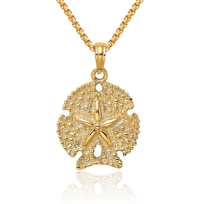 10K Solid Yellow Gold Sand Dollar Sea Star Starfish Necklace Chain Pendant Charm