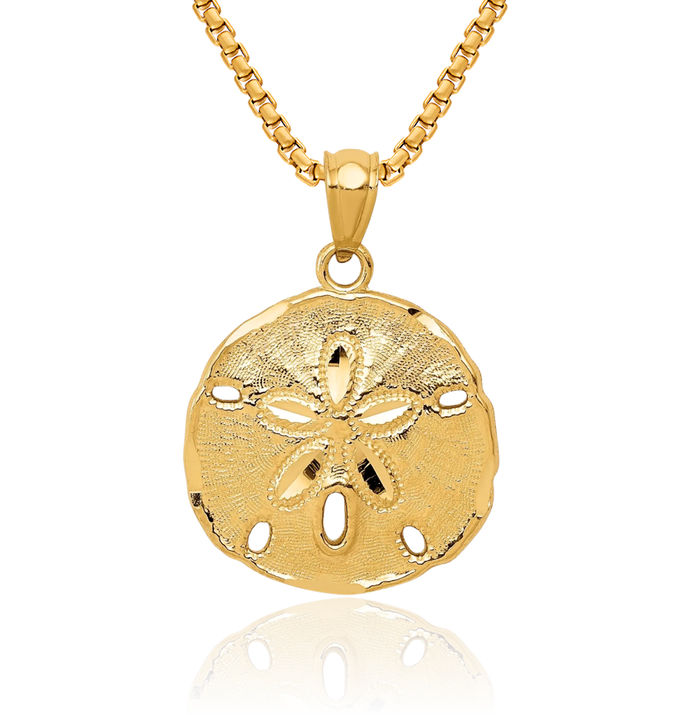 10K Solid Yellow Gold Sand Dollar Sea Star Starfish Necklace Chain Pendant Charm