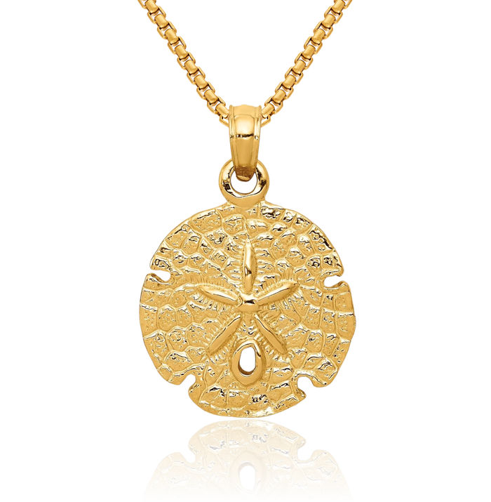 10K Solid Yellow Gold Sand Dollar Sea Star Starfish Necklace Chain Pendant Charm