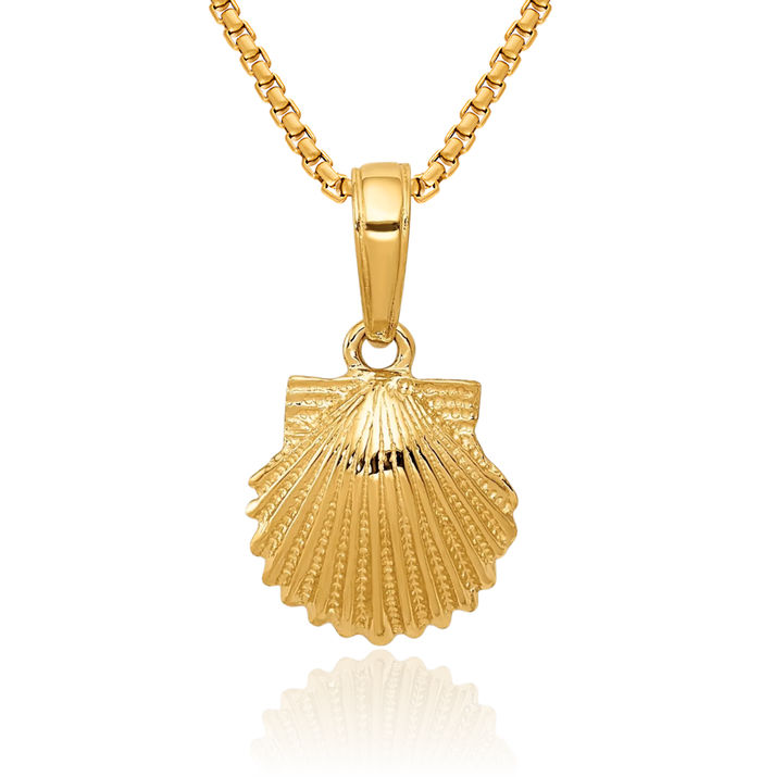 10K Solid Yellow Gold Scallop Shell Necklace Chain Pendant Charm