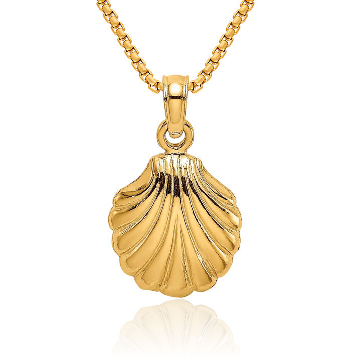 10K Solid Yellow Gold Scallop Shell Necklace Chain Pendant Charm