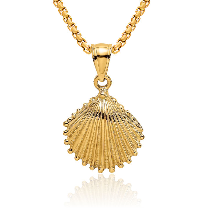 10K Solid Yellow Gold Scallop Shell Necklace Chain Pendant Charm