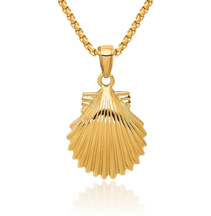 10K Solid Yellow Gold Scallop Shell Necklace Chain Pendant Charm