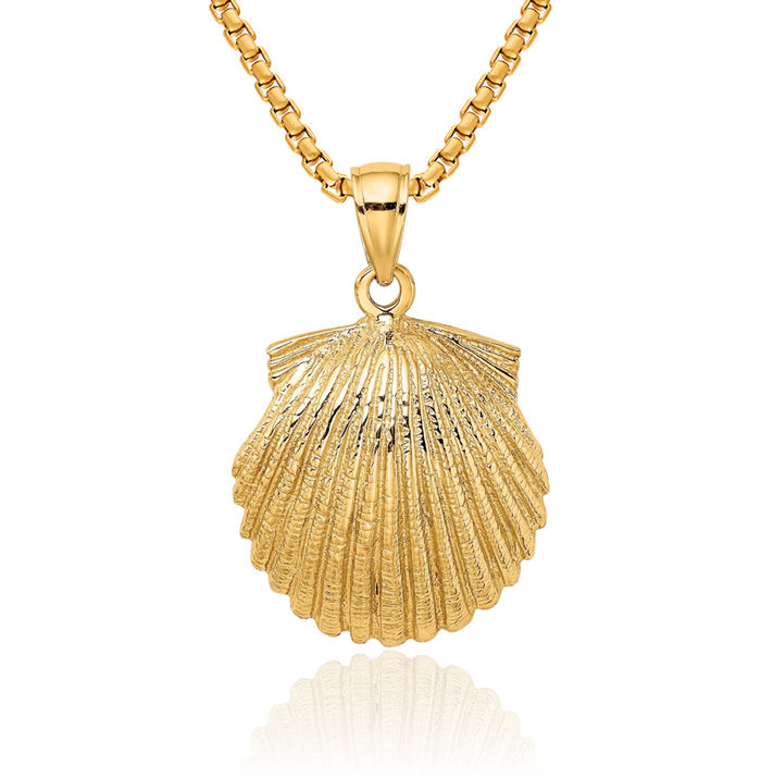 10K Solid Yellow Gold Scallop Shell Necklace Chain Pendant Charm