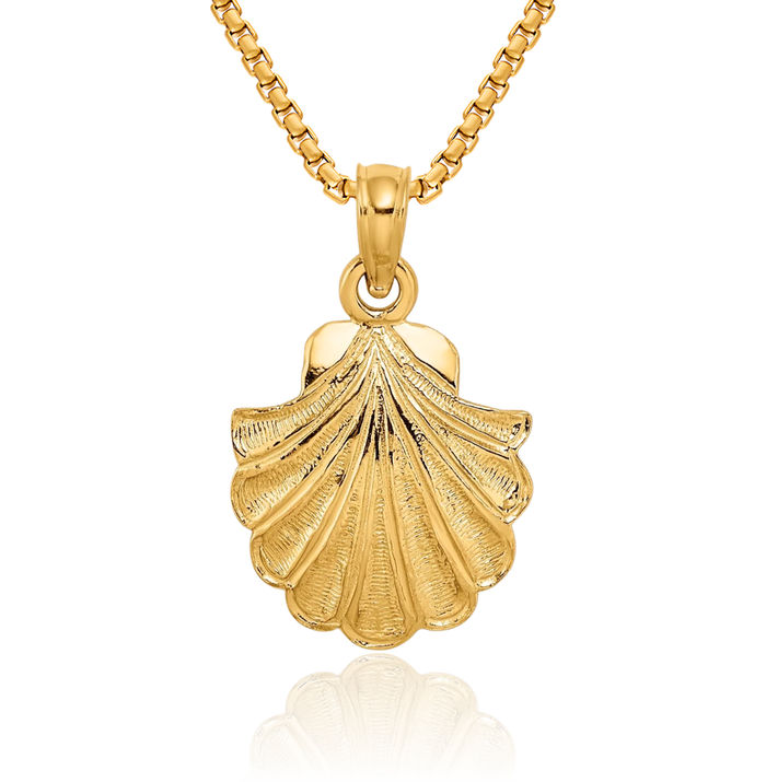 10K Solid Yellow Gold Scallop Shell Necklace Chain Pendant Charm