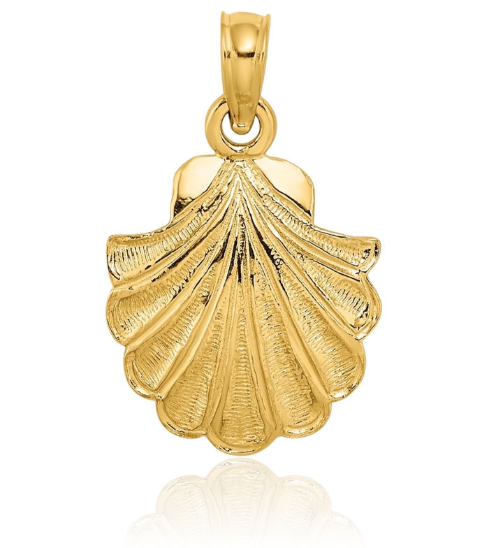 10K Solid Yellow Gold Scallop Shell Necklace Chain Pendant Charm