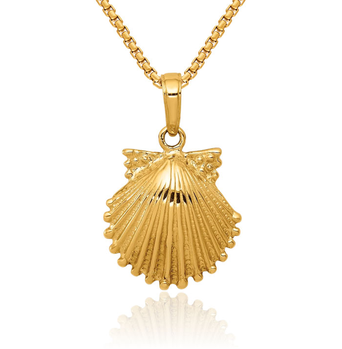 10K Solid Yellow Gold Scallop Shell Necklace Chain Pendant Charm