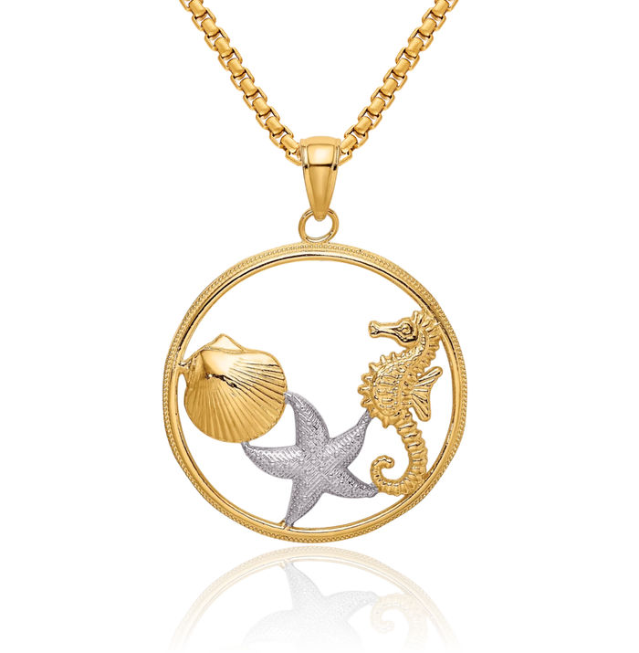 10K Solid Yellow Gold Scallop Starfish Seahorse Circle Round Necklace Chain Pendant Charm