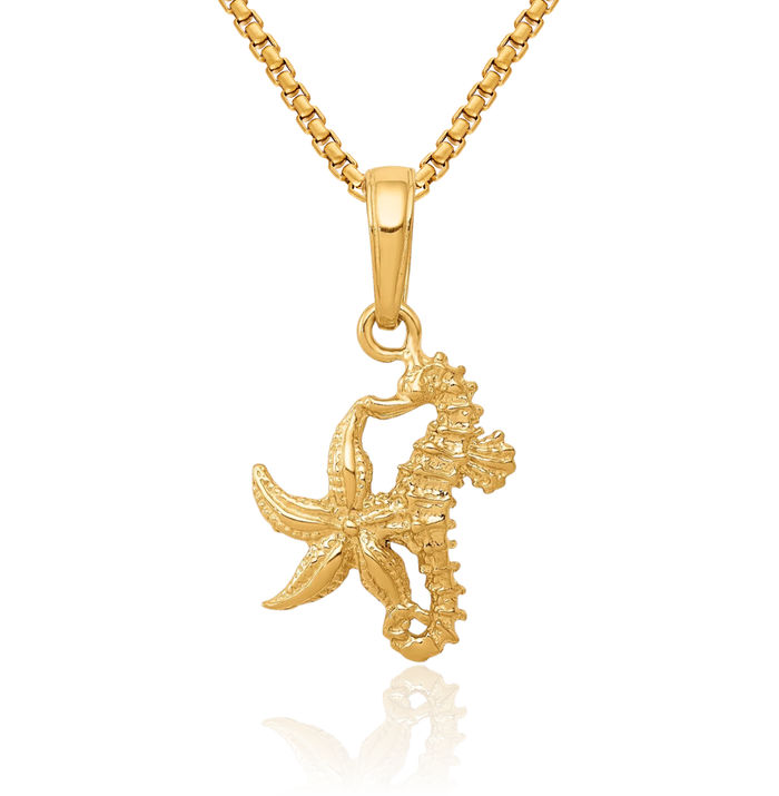 10K Solid Yellow Gold Seahorse Starfish Necklace Chain Pendant Charm