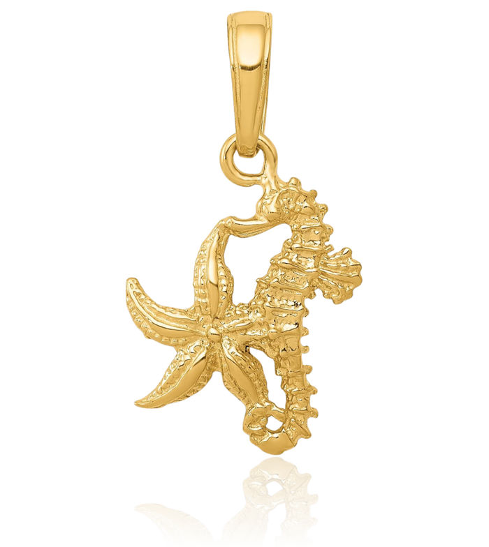 10K Solid Yellow Gold Seahorse Starfish Necklace Chain Pendant Charm