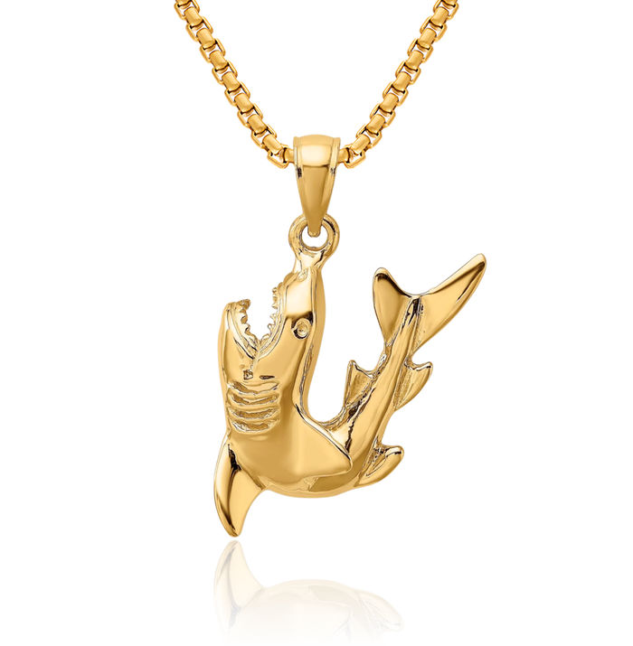 10K Solid Yellow Gold Shark Necklace Chain Pendant Charm