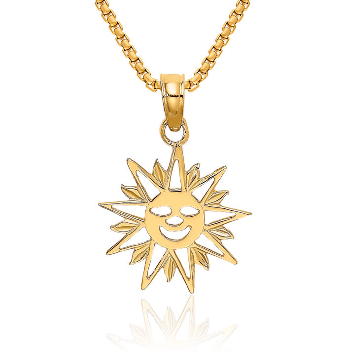 10K Solid Yellow Gold Smiling Sun Necklace Sunshine Pendant Sunburst Charm Celestial Jewelry