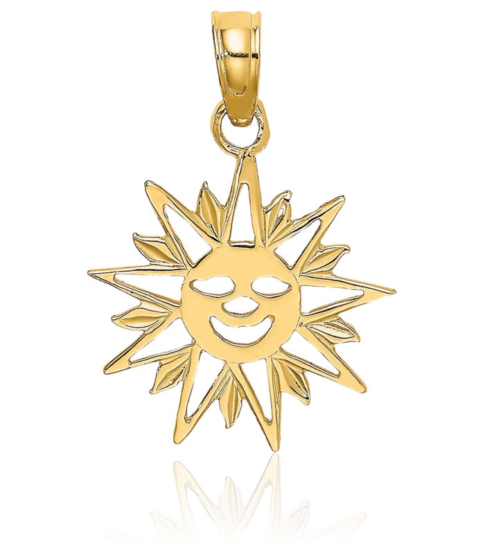 10K Solid Yellow Gold Smiling Sun Necklace Sunshine Pendant Sunburst Charm Celestial Jewelry