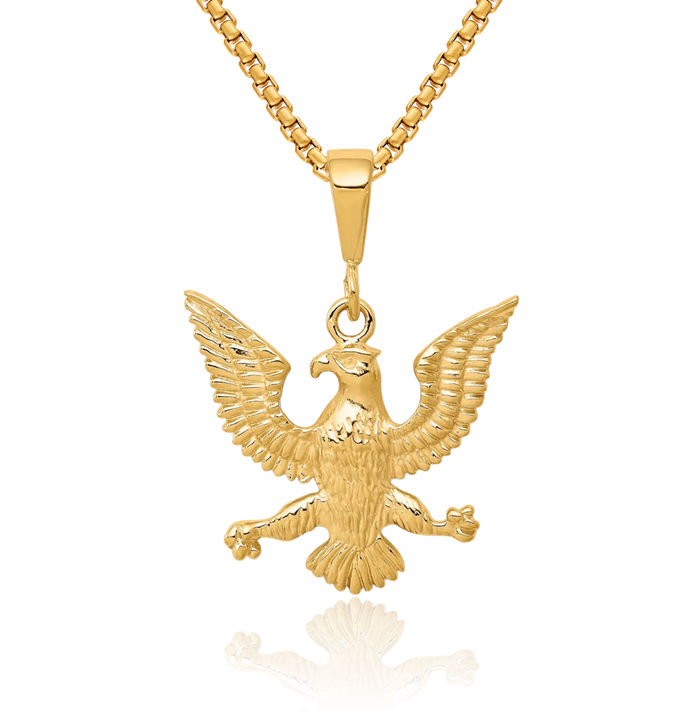 10K Solid Yellow Gold Spread Eagle Symbol of Strength Freedom Hawk Bird Necklace Chain Pendant Charm