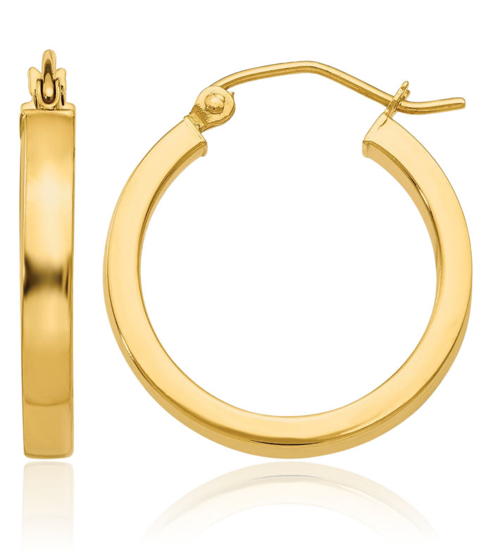 10K Solid Yellow Gold Square Tube Round Medium Hoop Earrings