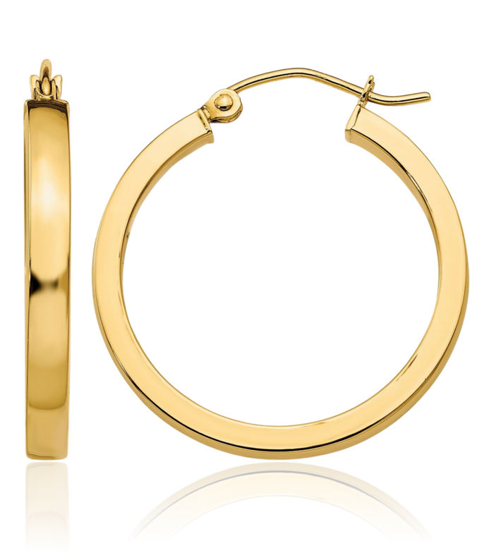 10K Solid Yellow Gold Square Tube Round Medium Hoop Earrings