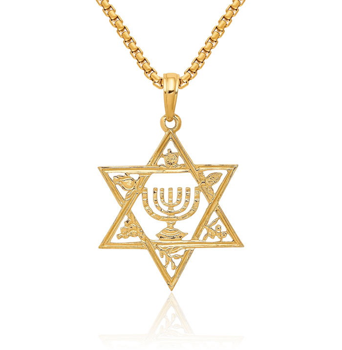 10K Solid Yellow Gold Star of David Jewish Magen Menorah Necklace Judaica Religious Chain Pendant Israel Charm