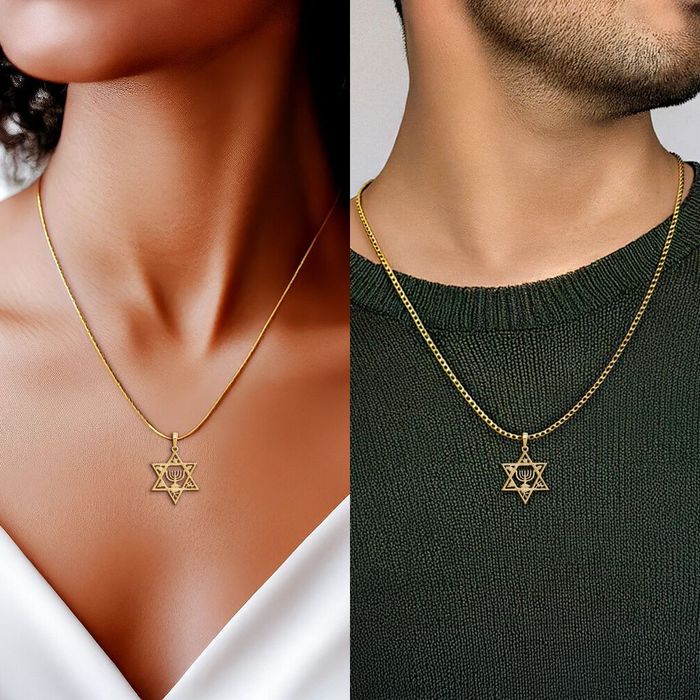 10K Solid Yellow Gold Star of David Jewish Magen Menorah Necklace Judaica Religious Chain Pendant Israel Charm