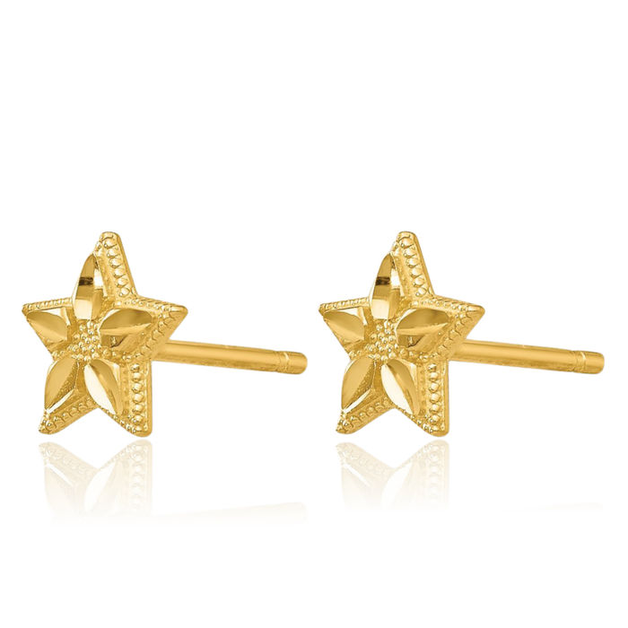 10K Solid Yellow Gold Star Stud Earrings