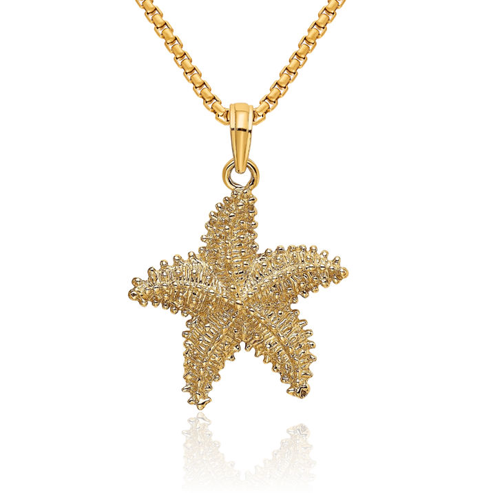 10K Solid Yellow Gold Starfish Beaded Necklace Chain Pendant Charm