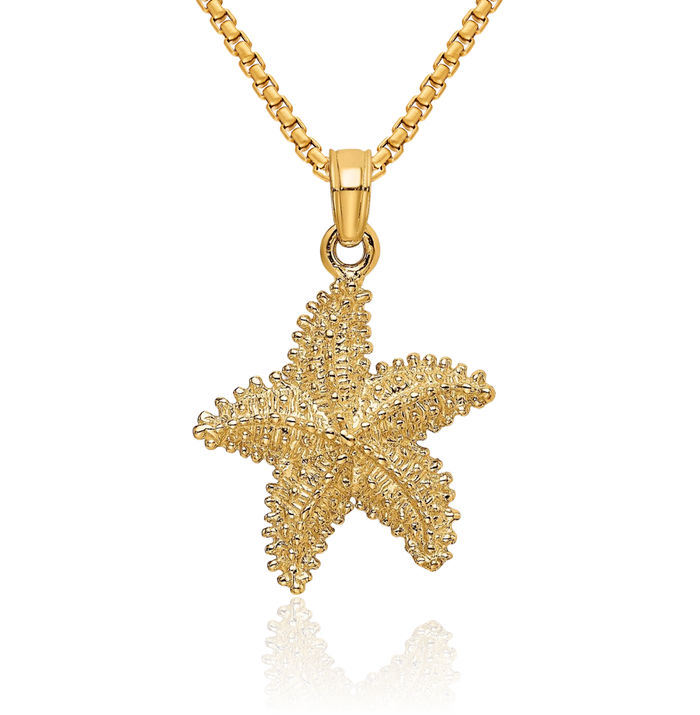 10K Solid Yellow Gold Starfish Beaded Necklace Chain Pendant Charm