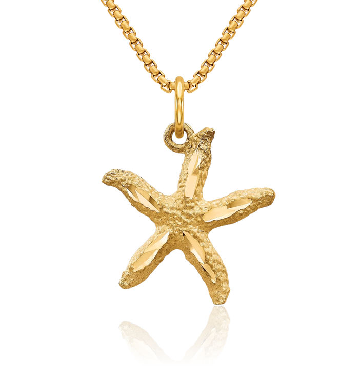 10K Solid Yellow Gold Starfish Necklace Chain Pendant Charm