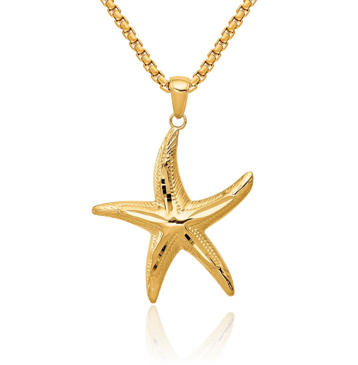 10K Solid Yellow Gold Starfish Necklace Chain Pendant Charm