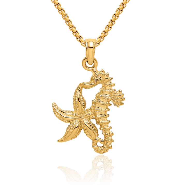 10K Solid Yellow Gold Starfish Seahorse Necklace Chain Pendant Charm