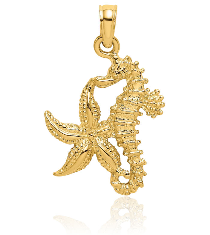 10K Solid Yellow Gold Starfish Seahorse Necklace Chain Pendant Charm