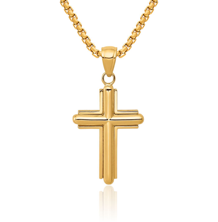 10K Solid Yellow Gold Stick Latin Mexican Holy Cross Necklace Religious Chain Pendant Jesus Christ Charm